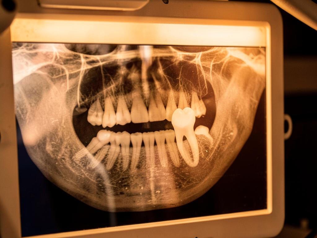Radiografia panorâmica mostrando dente incluso no osso